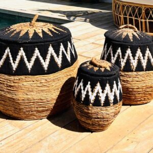 Panier avec couvercle en bananier et motif macrame - Bola